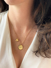 Load image into Gallery viewer, Womans-neck-gold-handstamped-found-necklace-jigsaw-piece
