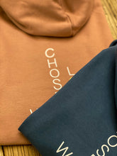 Load image into Gallery viewer, Kids-sweatshirt-hoodie-navy-orange-chosen-wanted-loved-logo2

