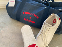 Load image into Gallery viewer, Navy-blue-canvas-bag-printed-slogan-fight-like-a-woman-one-of-the-items-from-the-adoption-clothing-range-from-notafictionalmum
