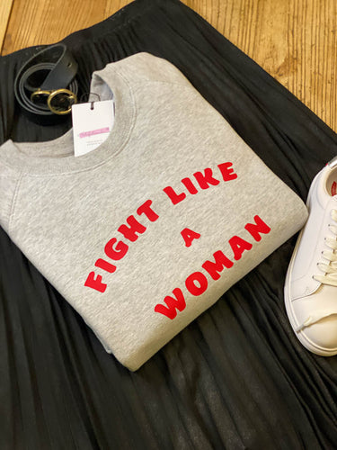 Fight-like-a-woman-red-printed-logo-grey-sweatshirt-fashion-style