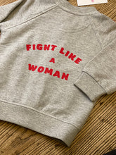 Load image into Gallery viewer, Grey-kids-feminist-sweatshirt-red-lettering-fight-like-a-woman-kids-tshirt-one-of-the-items-from-the-adoption-clothing-range-from-notafictionalmum
