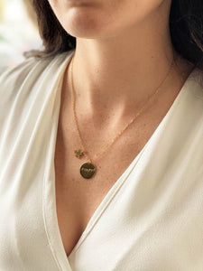 Womans-neck-gold-disc-handstamped-found-necklace-jigsaw-piece
