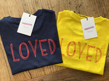 Load image into Gallery viewer, Loved-tshirts-navy-and-yellow-flatlays
