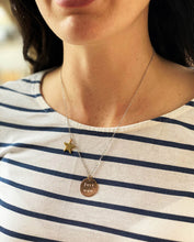 Load image into Gallery viewer, mixed-metals-handstamped-just-mum-pendant-necklace-with-gold-star-charm-rose-gold
