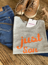 Load image into Gallery viewer, son-retro-grey-and-orange-t-shirt-brown-toddler-shoes-denim-jeans-brown-dinosaur

