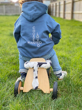 Load image into Gallery viewer, kids-chosen-wanted-loved-blue-sweatshirt-child-on-scooter
