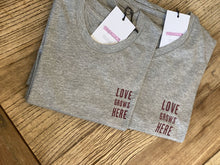 Load image into Gallery viewer, grey-matching-tshirts-love-grows-here-slogan-in-red
