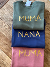 Load image into Gallery viewer, set-three-personalised-sweatshirts-with-gold-lettering-muma-nana
