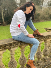 Load image into Gallery viewer, notafictionalmum-women-thoughtful-wearing-white-elbow-heart-loved-adoption-sweatshirt
