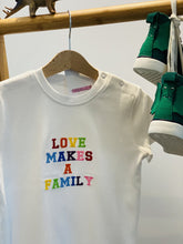 Load image into Gallery viewer, love-makes-a-family-rainbow-embroidered-kids-t-shirt-adoption-gift-green-dinosaur-shoes
