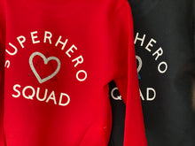 Load image into Gallery viewer, kids-superhero-squad-sweatshirt-adoption-sweaters-closeup-red-black-one-of-the-items-from-the-adoption-clothing-range-from-notafictionalmum
