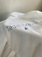 Load image into Gallery viewer, team-forever-kids-bathrobe-white-with-grey-lettering
