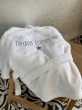 Load image into Gallery viewer, team-forever-kids-white-bathrobe-grey-lettering-star-detail
